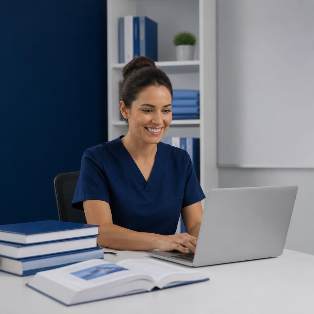 Docent werkt enthousiast met e-Xpert SAM op een laptop